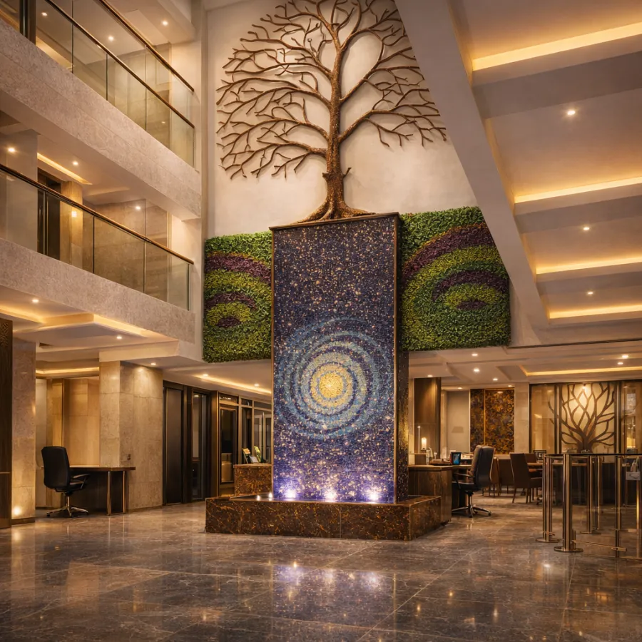 Light-filled lobby with a living tree inside Addo Luxuria