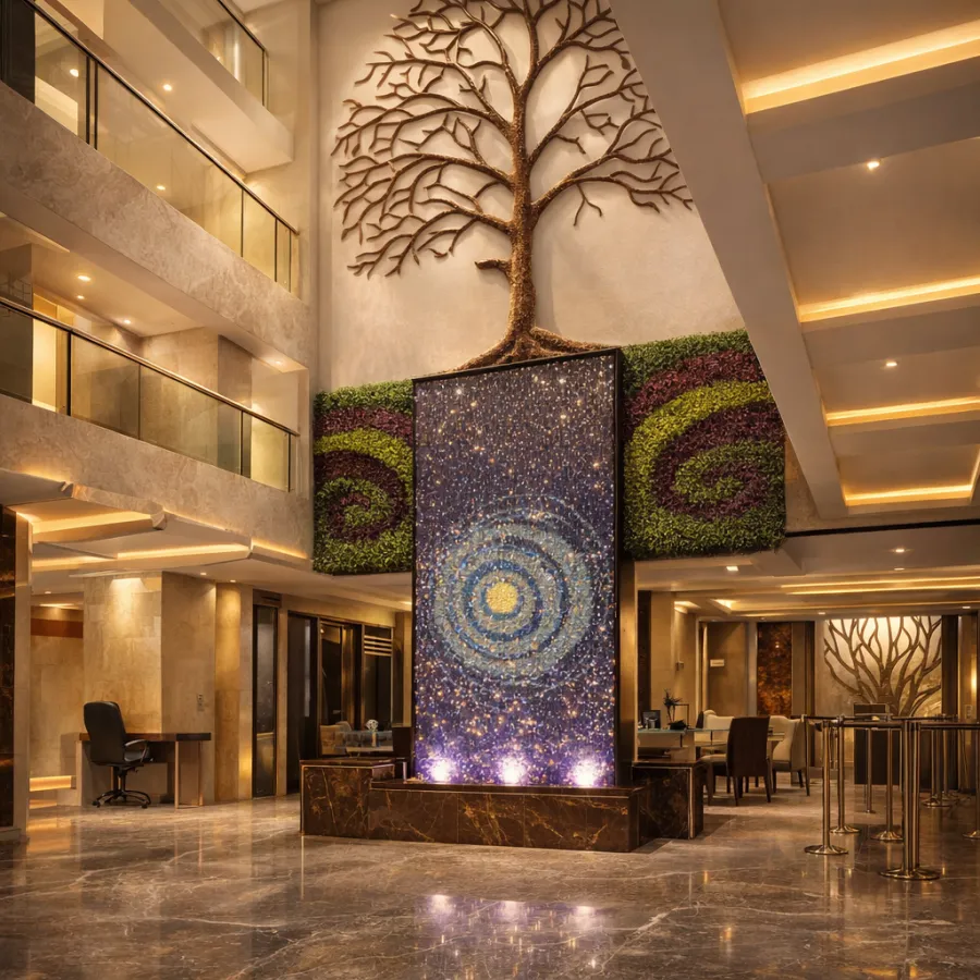 Wide view of Addo Luxuria ground-floor lobby and concierge