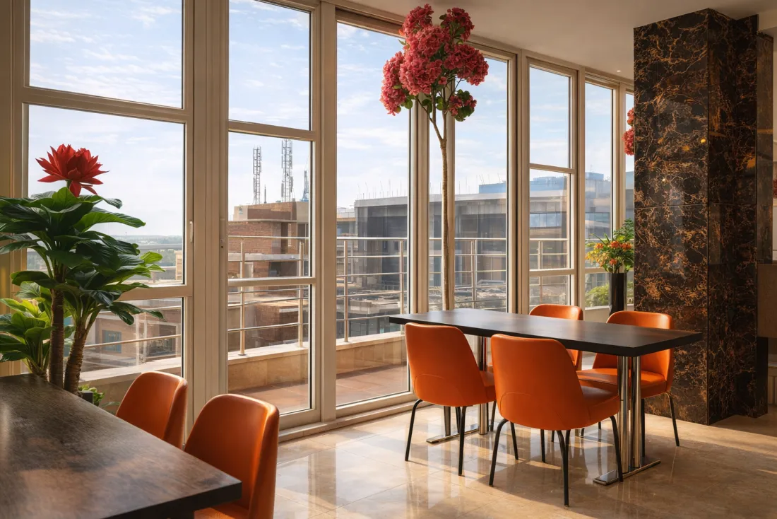 Residents' lounge with warm lighting and modular seating