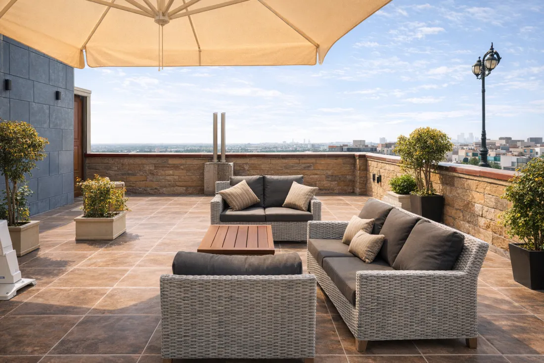 Rooftop seating with parasols at Addo Luxuria men's PG Noida