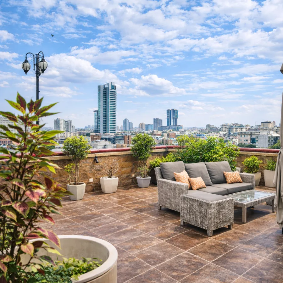 Rooftop terrace at Addo Luxuria overlooking the Noida skyline