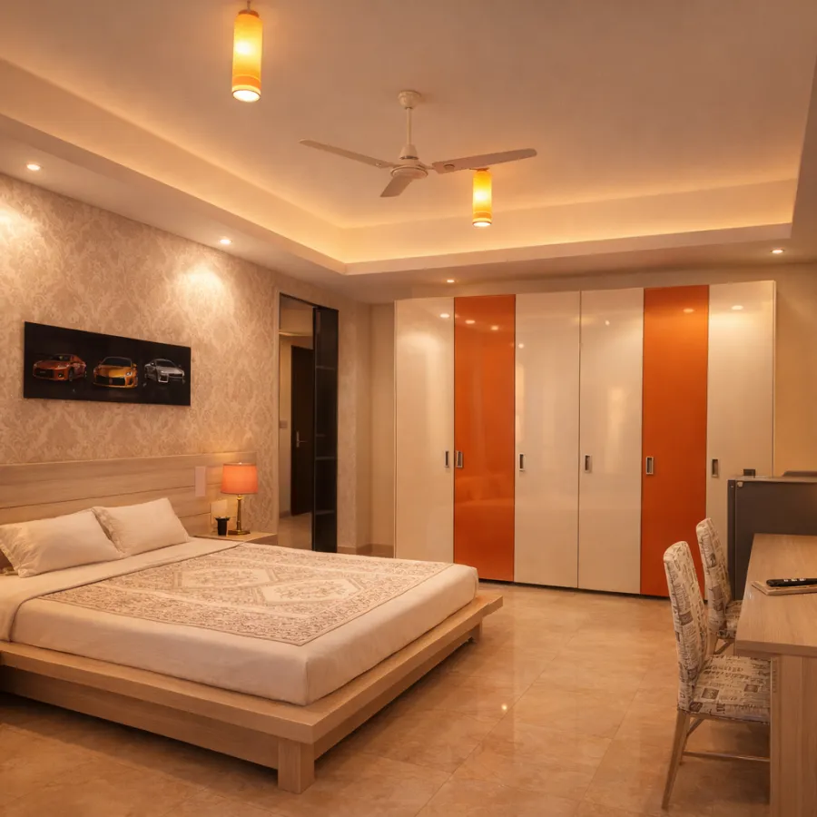 Super deluxe room with a queen bed, work desk and ensuite bath